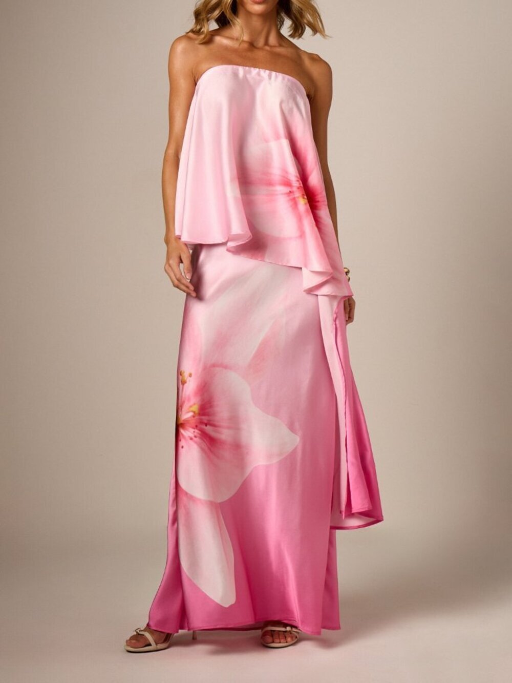 Pink Elegant Women's Ombre Satin Floral Print Maxi Skirt